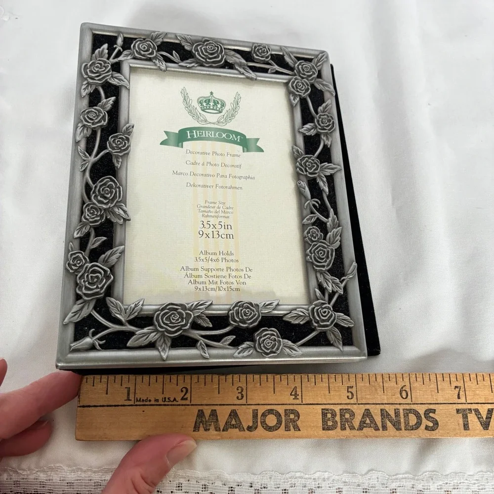 Heirloom Photo Album Pewter Rose Metal Frame Black Velvet Victorian Whimsigoth